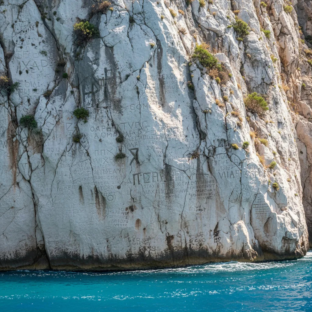 Ancient Greek and Roman inscriptions etched into the rock face at Gjiri i Gramës, Albania