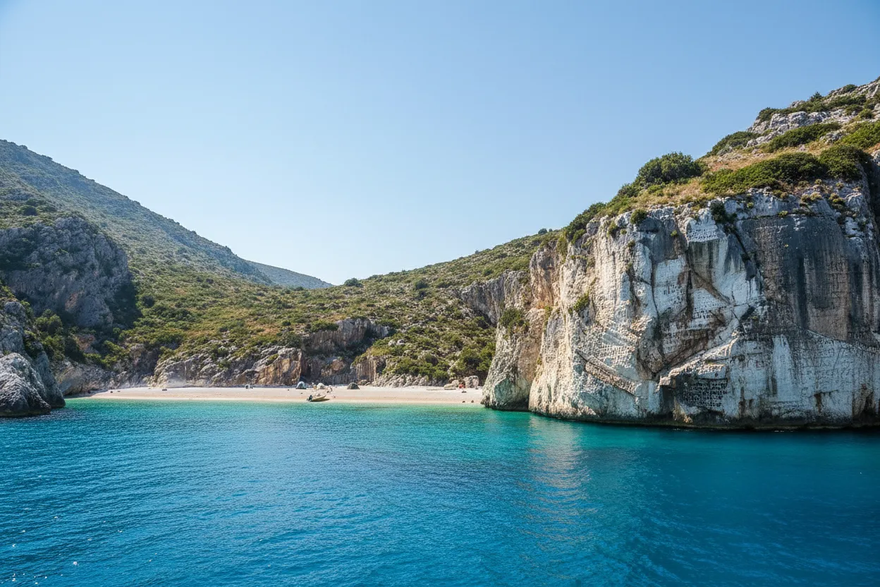 A small boat approaching the secluded Gjiri i Gramës bay on the Karaburun Peninsula, Albania