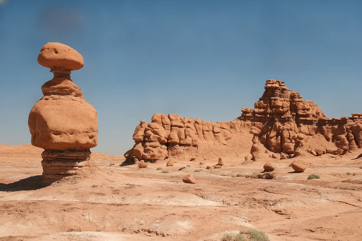 Wide shot of Goblin Valley State Park showing thousands of mushroom-shaped sandstone formations under a blue sky