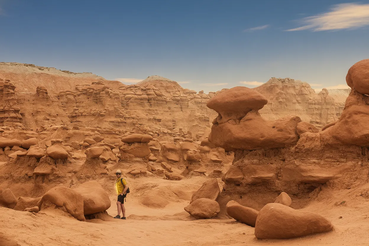 Close-up of a unique goblin hoodoo formation in Goblin Valley, highlighting its texture and shape