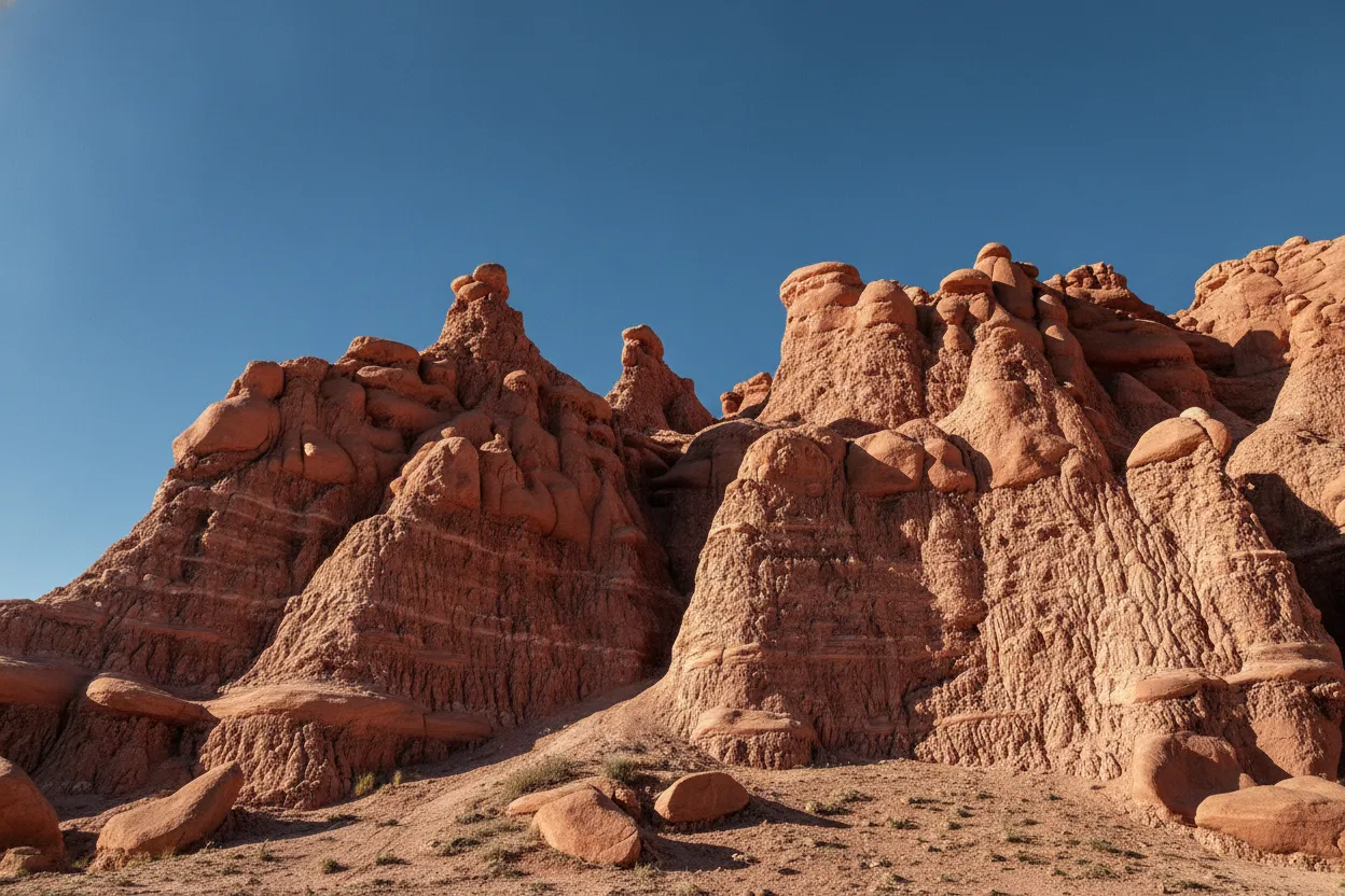A person standing among the goblins in Goblin Valley, providing a sense of scale and wonder