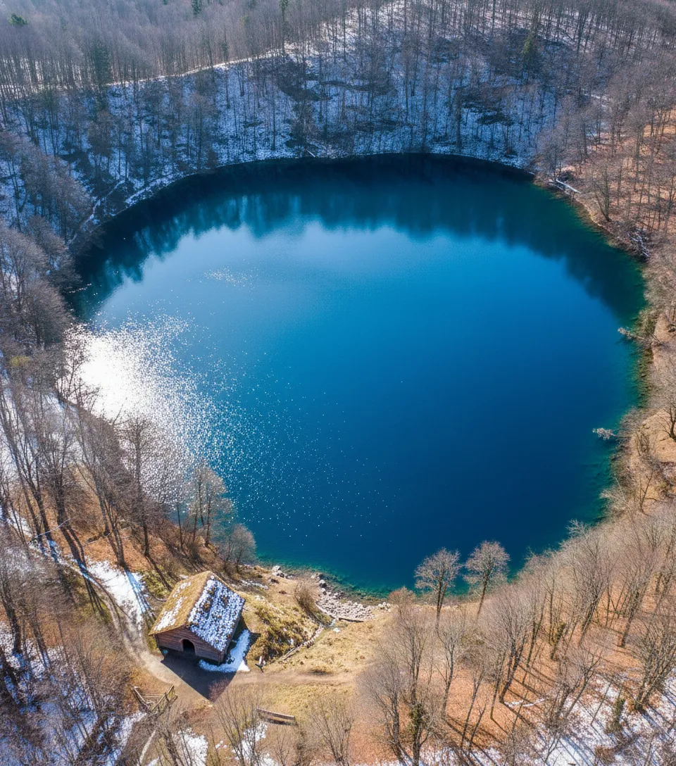 Aerial view of Goluboye Ozero, showcasing its vibrant blue color against the green landscape of the Caucasus Mountains.