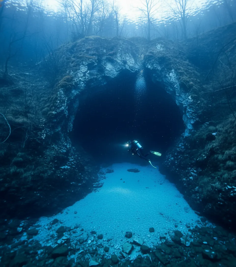 A technical diver exploring the clear, blue waters of Goluboye Ozero, with sunlight filtering through from above.