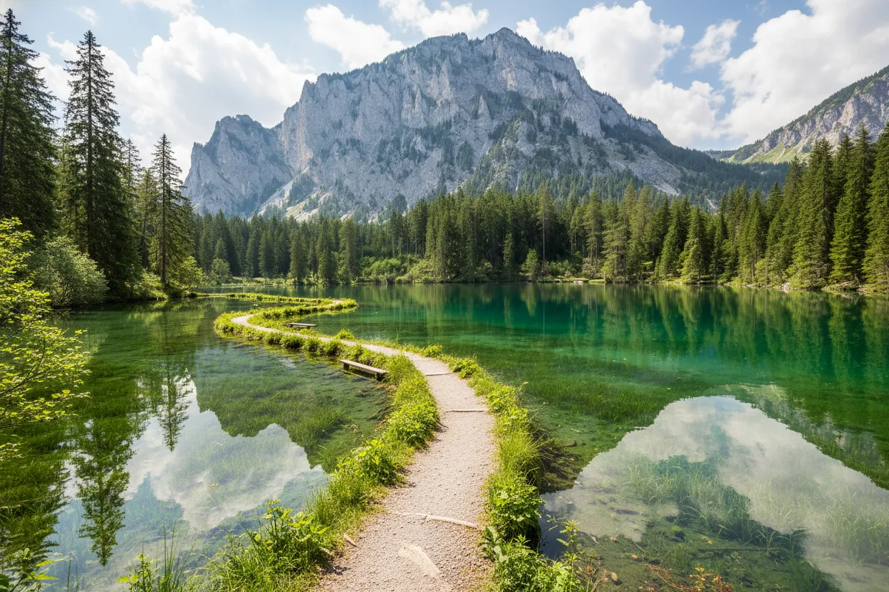 Grüner See in late spring, showing emerald green water with a submerged park bench visible through the clear water.