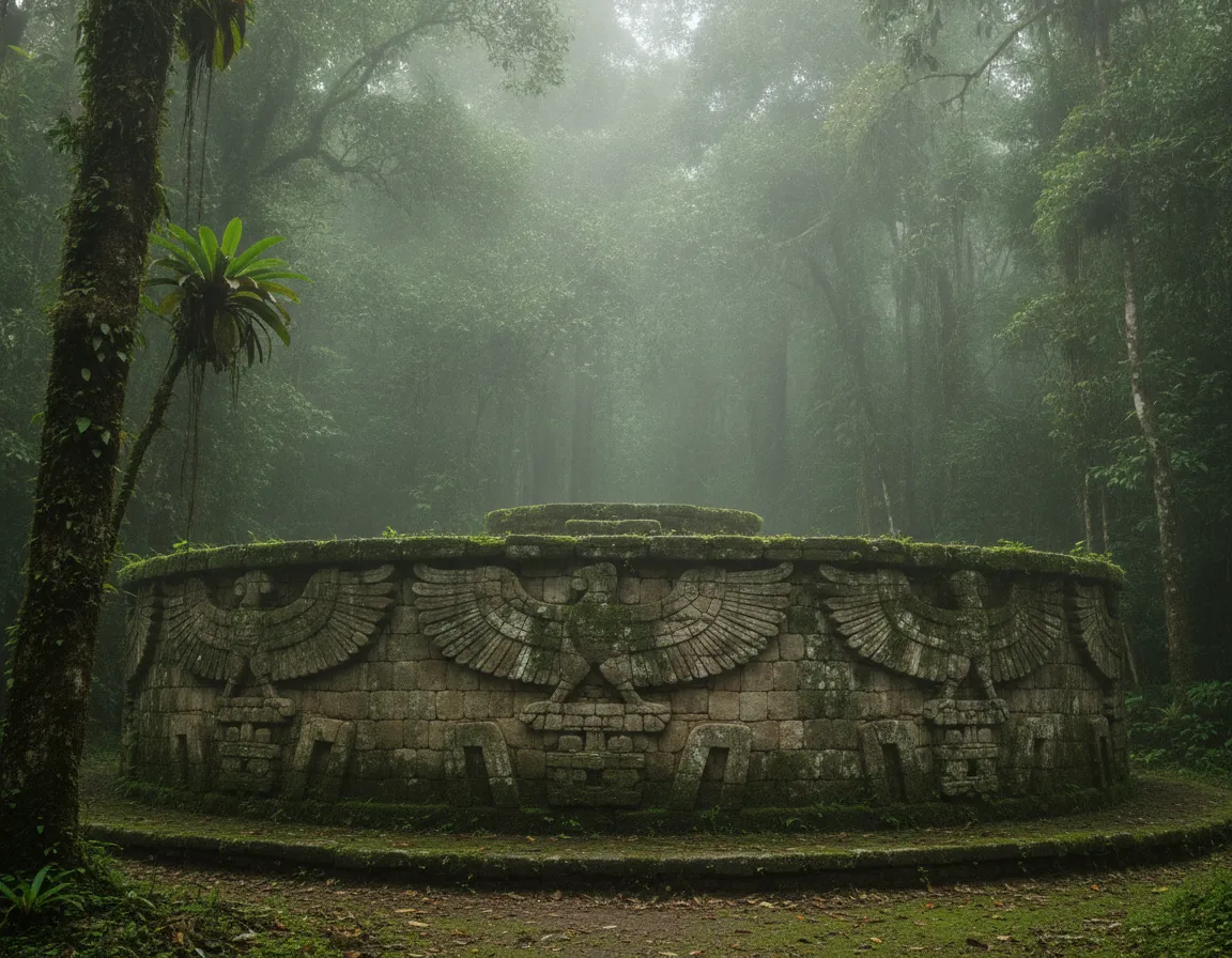 Aerial view of Gran Pajatén ruins surrounded by dense cloud forest, showing circular stone structures peeking through the canopy.