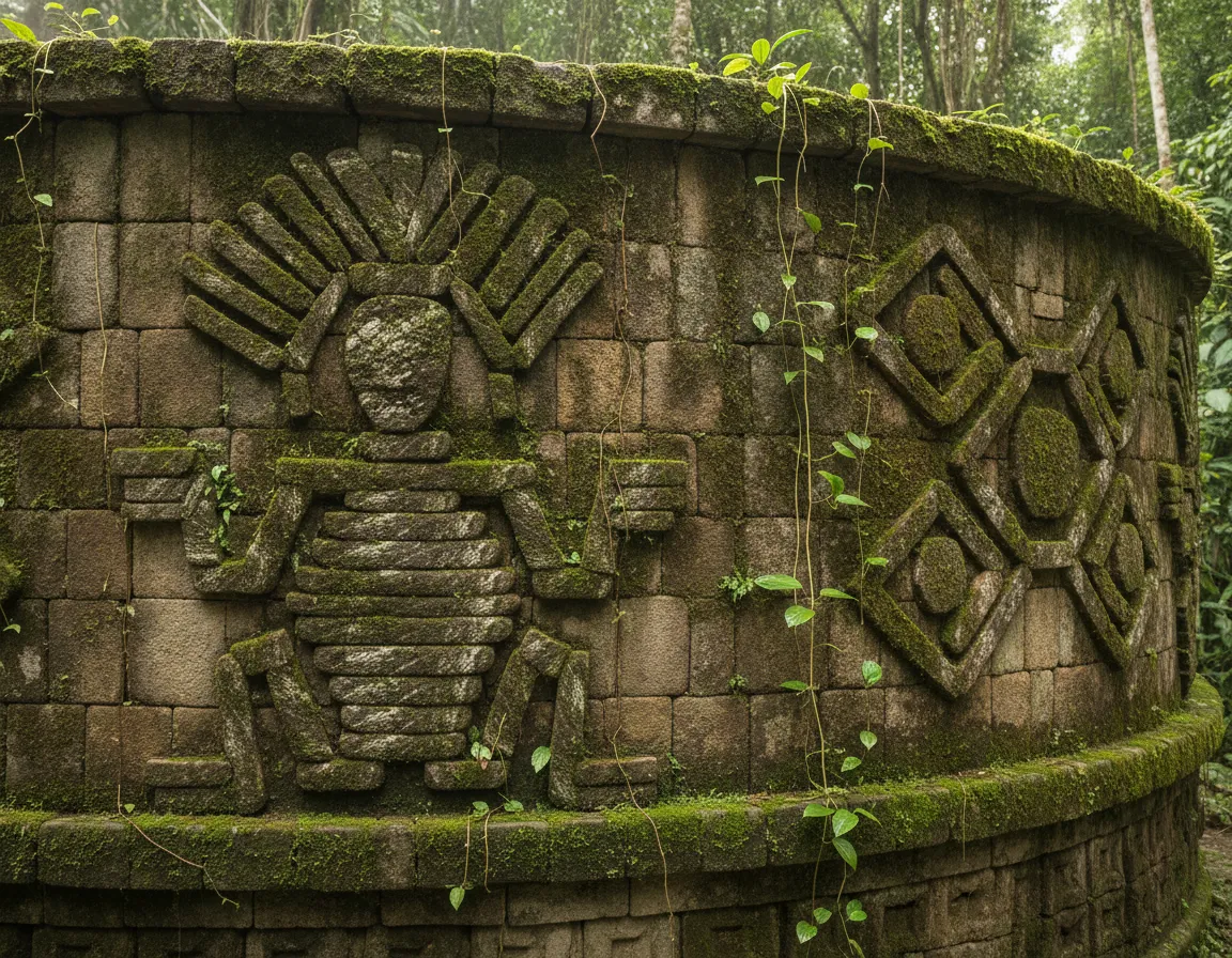 Close-up of a stone frieze at Gran Pajatén, showing intricate mosaic figures of a human face and geometric patterns, covered in light moss.