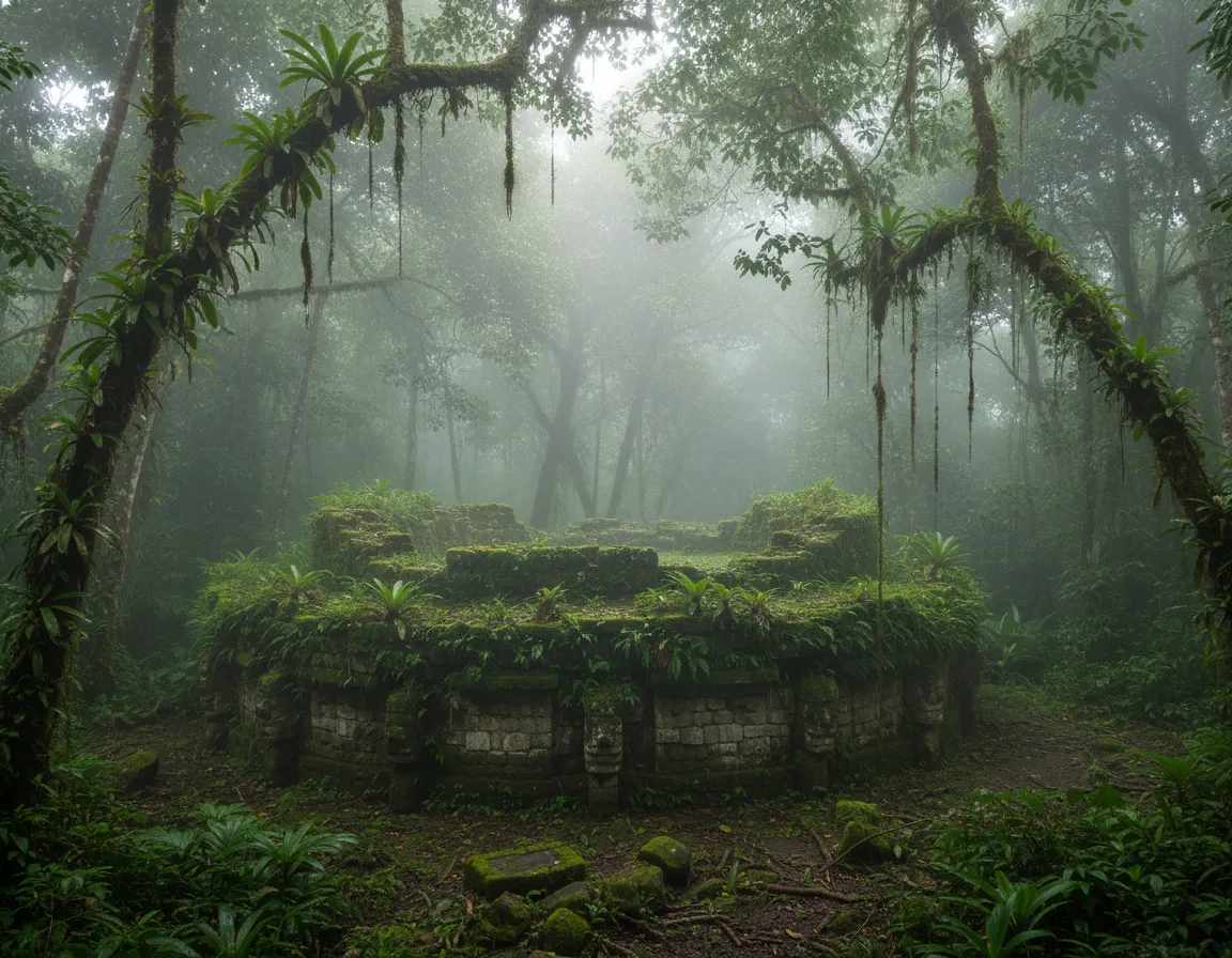 View of the cloud forest surrounding Gran Pajatén, showcasing lush green mountains shrouded in mist with a diverse array of trees.