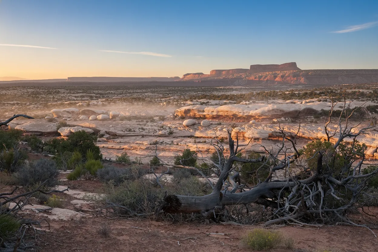 A backpacker looking out over the vast, rugged landscape of Grand Gulch canyon at sunset, emphasizing solitude and natural beauty