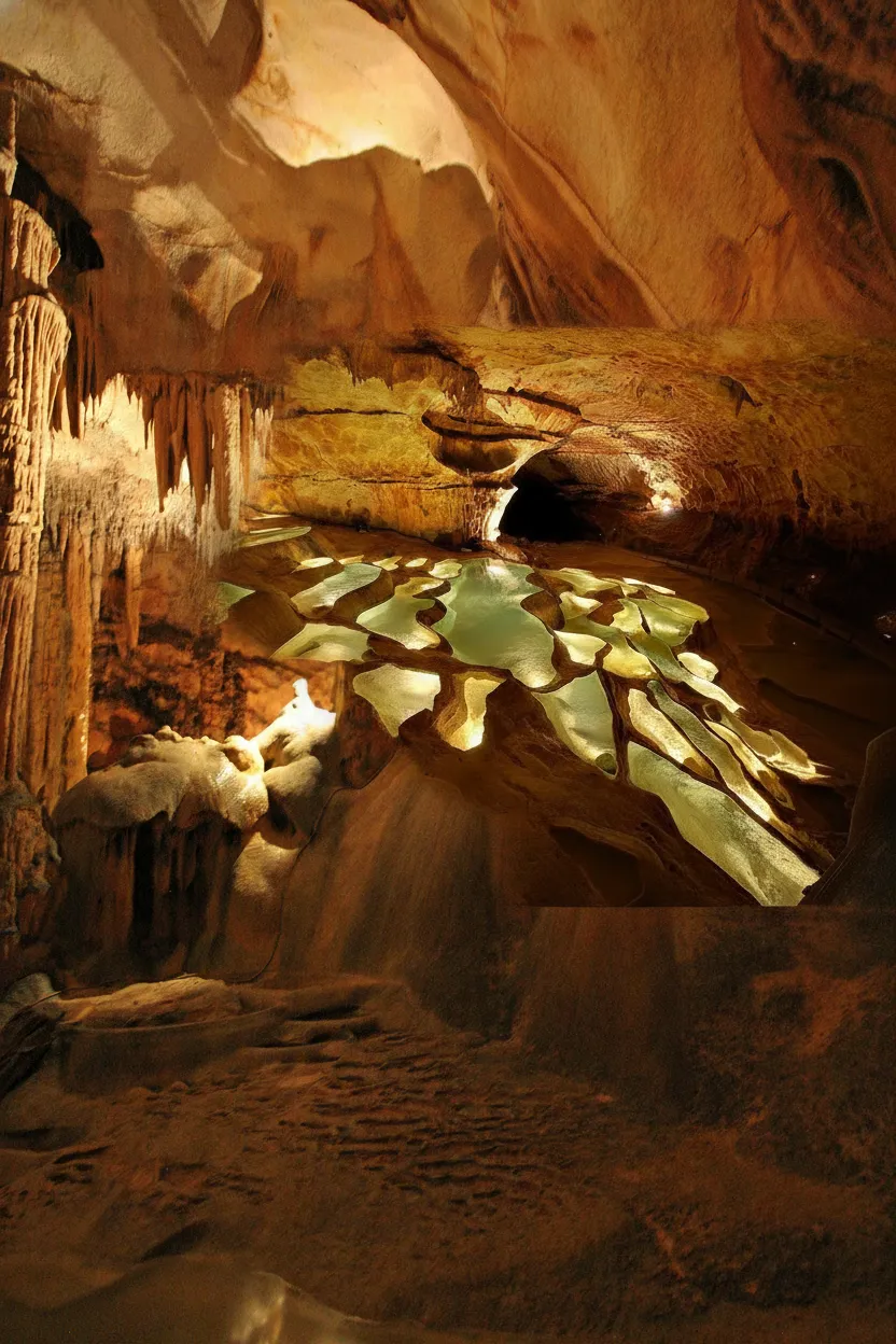 The breathtaking cascade de gours with thousands of terraced calcite pools shimmering with clear water in Grotte de Saint-Marcel d'Ardèche.