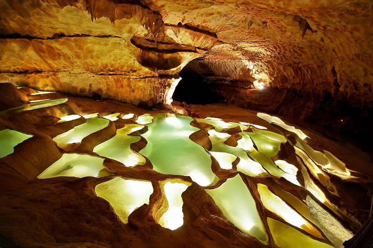 A vast, illuminated chamber within the Grotte de Saint-Marcel d'Ardèche, showcasing impressive stalactites and stalagmites.