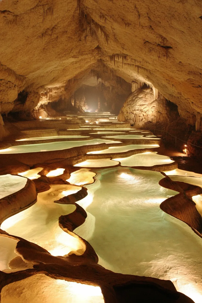 Visitors walking along an illuminated path inside the Grotte de Saint-Marcel d'Ardèche, marveling at the cave formations.