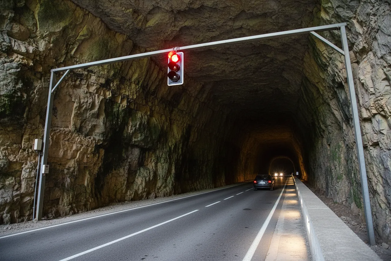 A car driving through the massive natural tunnel of Grotte du Mas-d'Azil, with rock formations towering overhead and the river flowing alongside.
