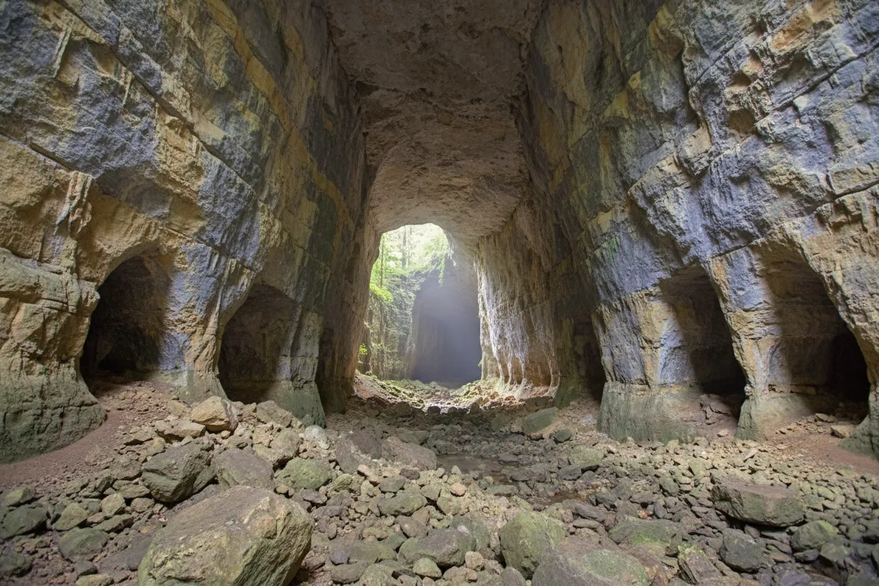 Inside the Grotte du Mas-d'Azil, showing a guided tour group looking at illuminated stalactites and stalagmites in a vast cavern.