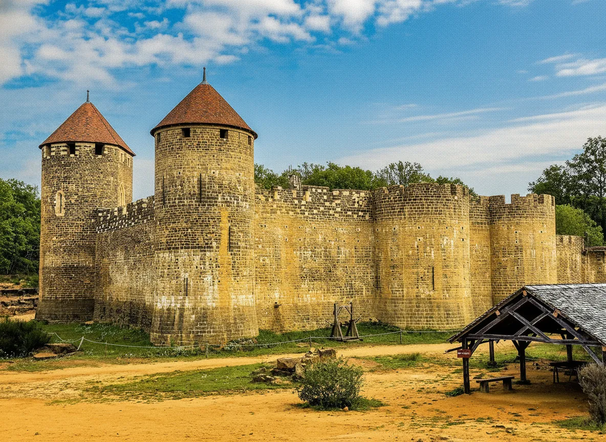 Stonemasons shaping stone at Guédelon Castle construction site using traditional tools and techniques