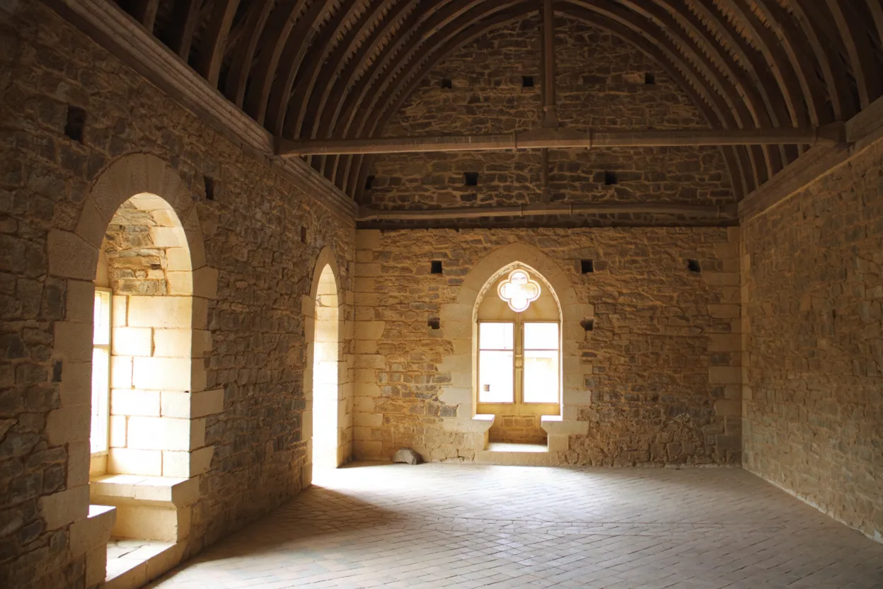Carpenters raising a large timber frame section at Guédelon Castle using ropes and pulleys