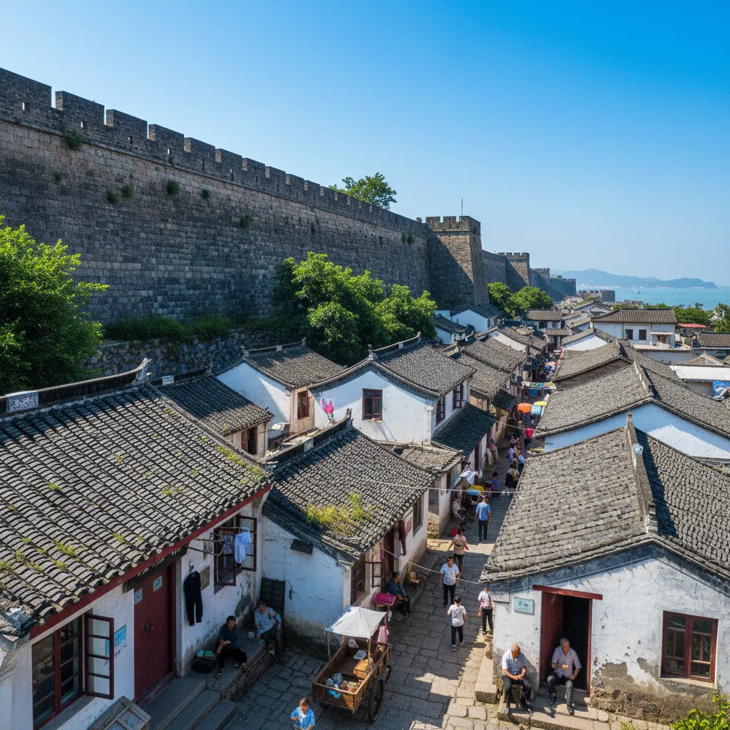 Narrow alley in Guantou Village with houses built into the ancient city wall, showing historical stone foundations and modern additions.