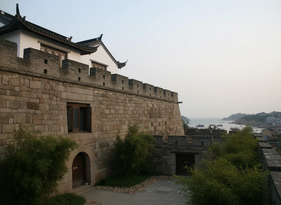 Panoramic view of Guantou Village from atop the Chongwu Ancient City wall, showing houses integrated into the fortifications and the sea in the background.