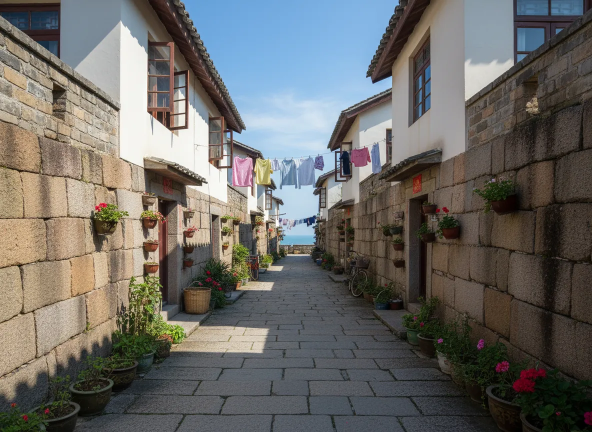 A street vendor selling local snacks in a narrow alley of Guantou Village, with ancient stone walls forming the backdrop.