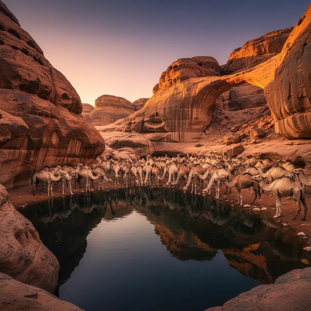 Deep within the Sahara, a natural desert oasis holds an ancient secret: a guelta teeming with life and thousands of thirsty camels, watched over by prehistoric rock art.