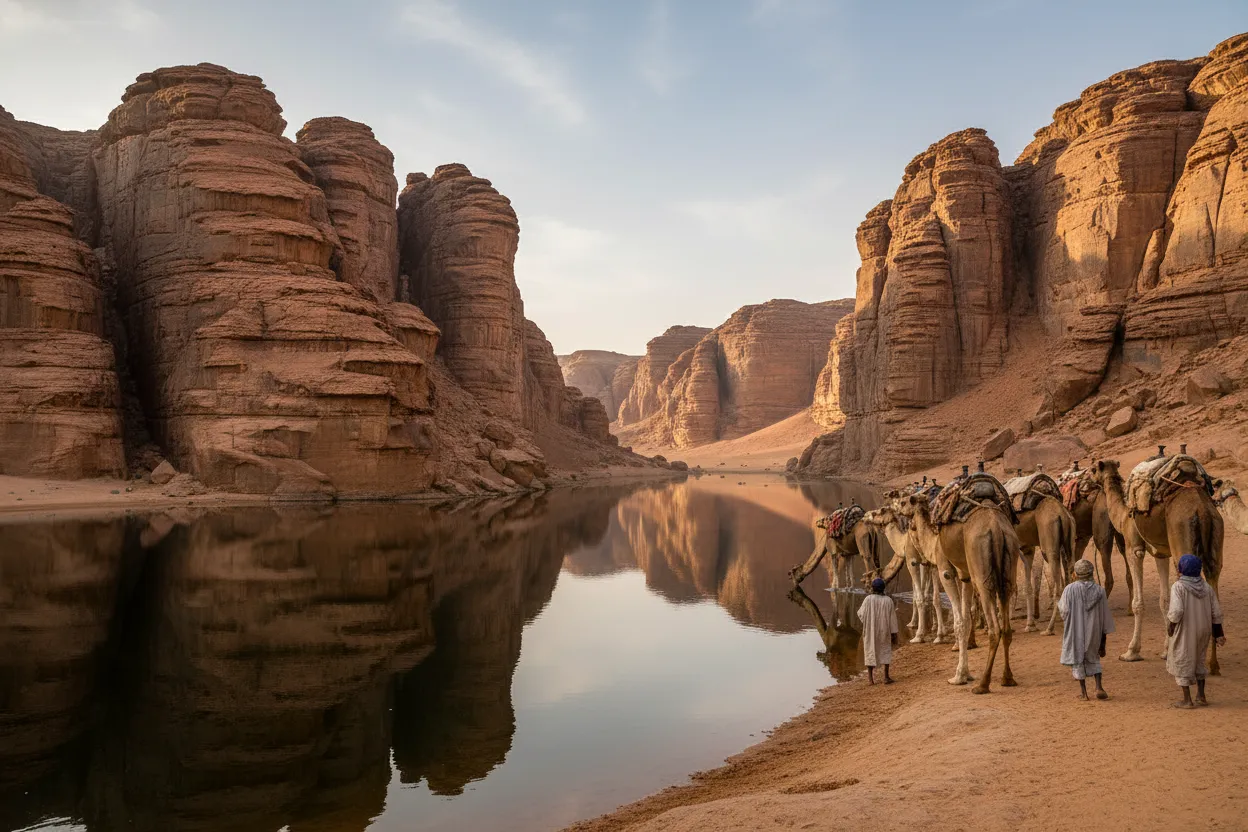 Thousands of camels descending into the green waters of Guelta d'Archei, surrounded by towering sandstone cliffs.