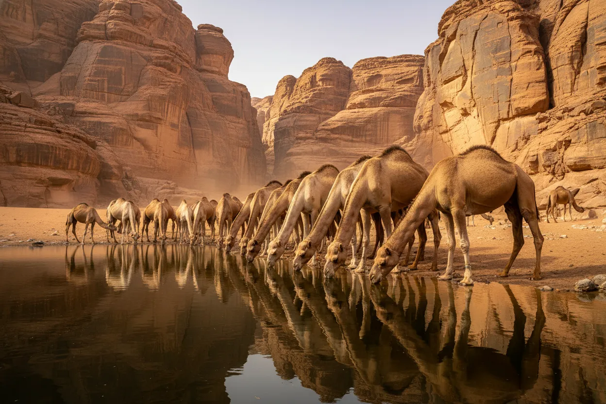 Ancient rock paintings depicting giraffes and other animals on a sandstone cliff face near Guelta d'Archei.