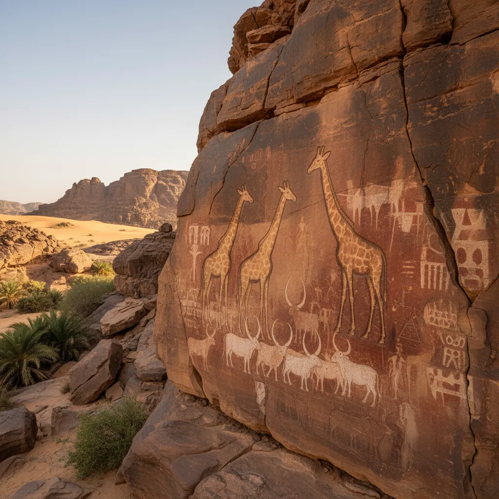 A Toubou nomad guiding camels down a sandy path towards the Guelta d'Archei, with dramatic desert landscapes in the background.