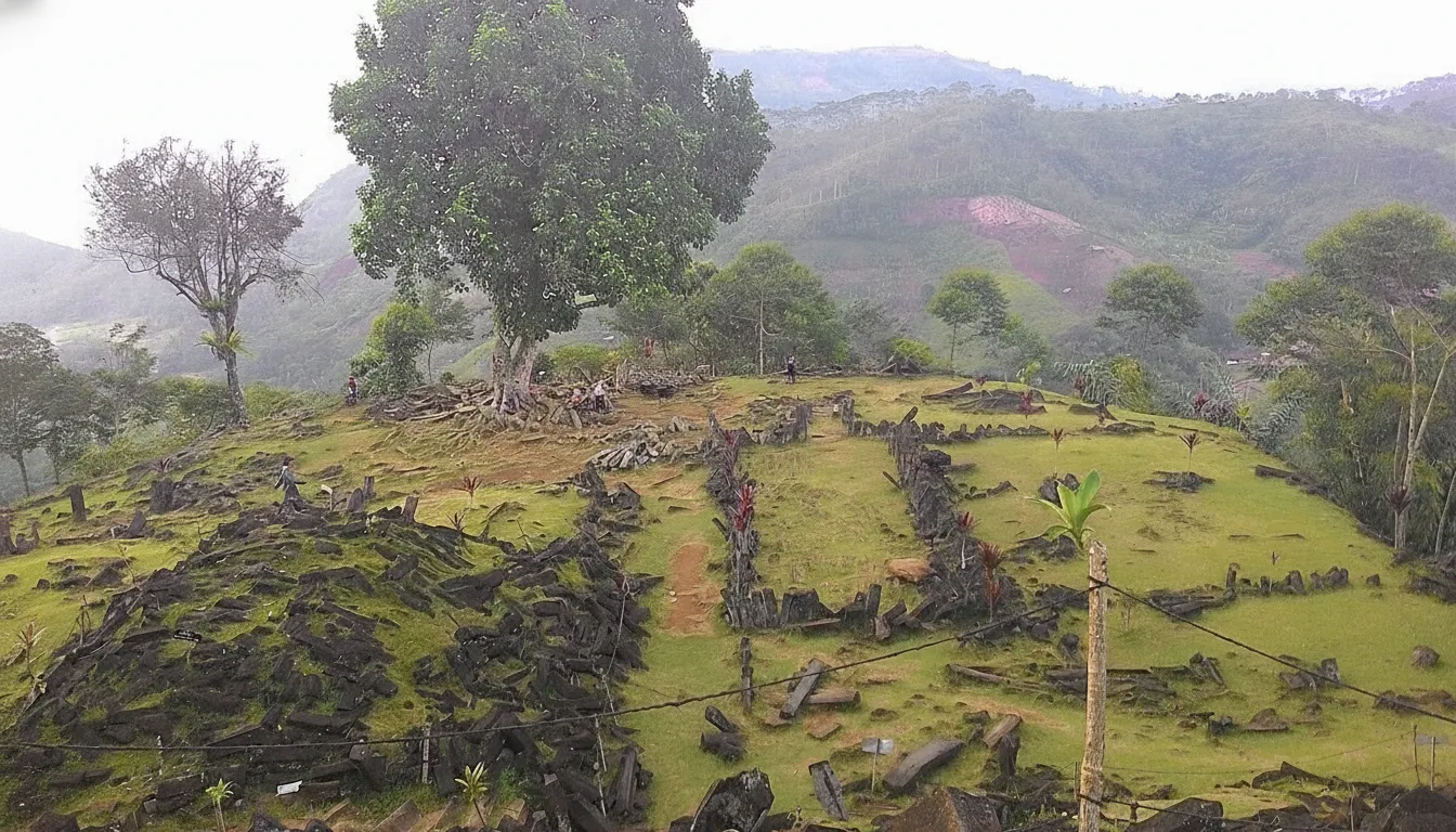 Panoramic view of Gunung Padang showing terraced stone structures on a verdant hill.