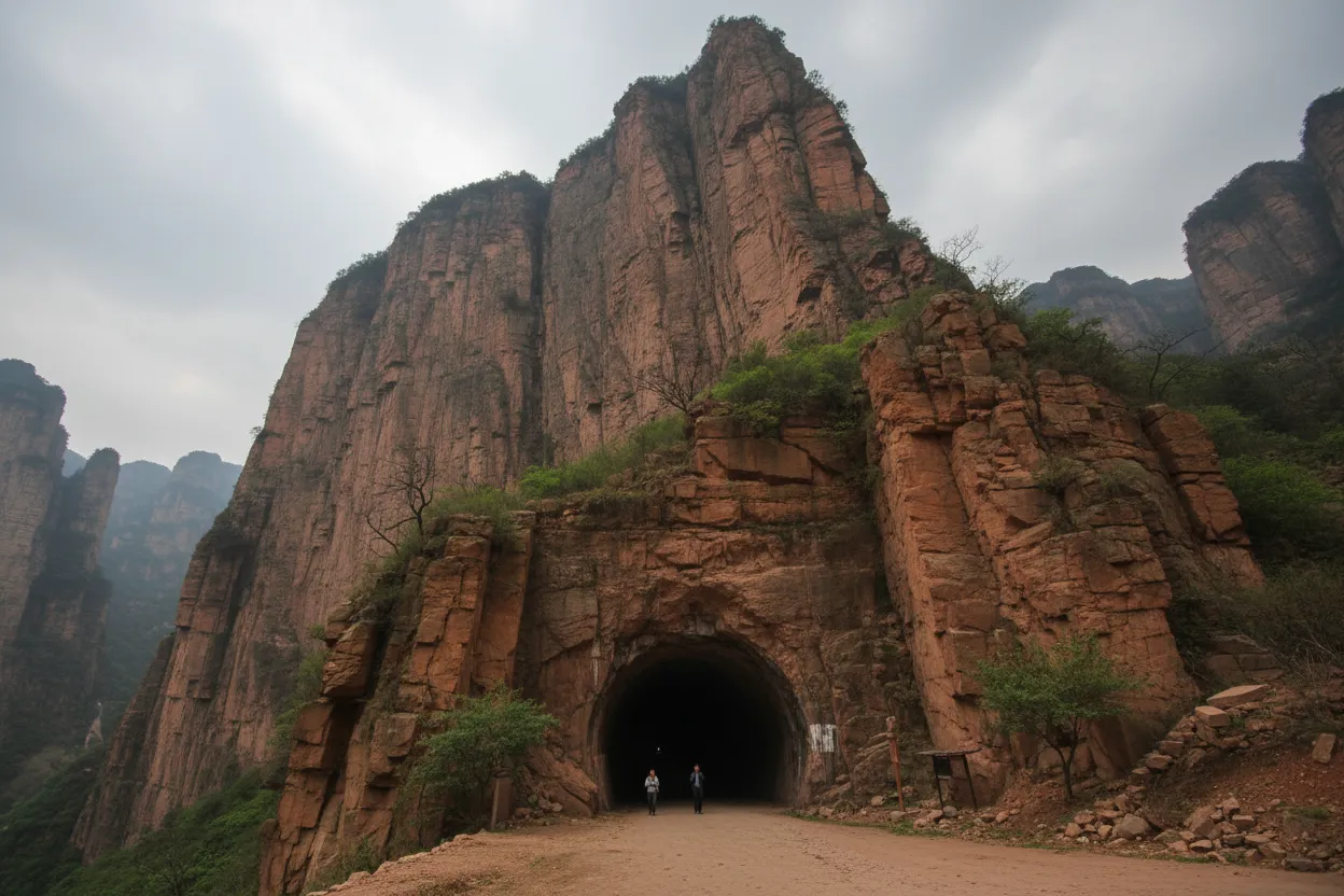 View from one of the 'windows' in Guoliang Tunnel Road showing the sheer cliff and valley below