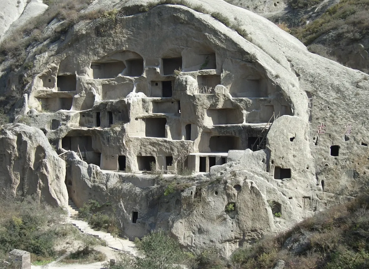 Panoramic view of Guyaju Ancient Cliff Dwellings carved into a massive cliff face, showcasing multiple levels of interconnected rooms and stairways.