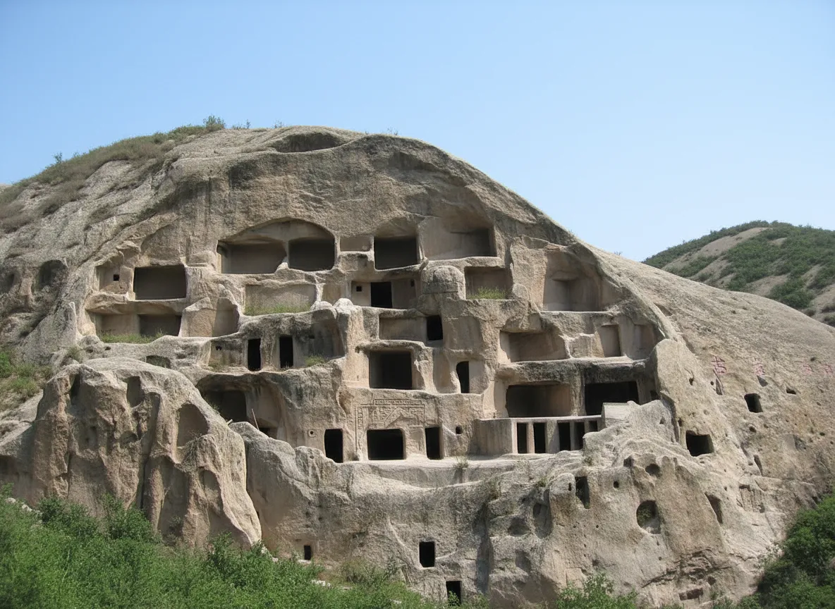 Interior view of a Guyaju cliff dwelling, showing a carved stone room with a window offering a view of the valley.