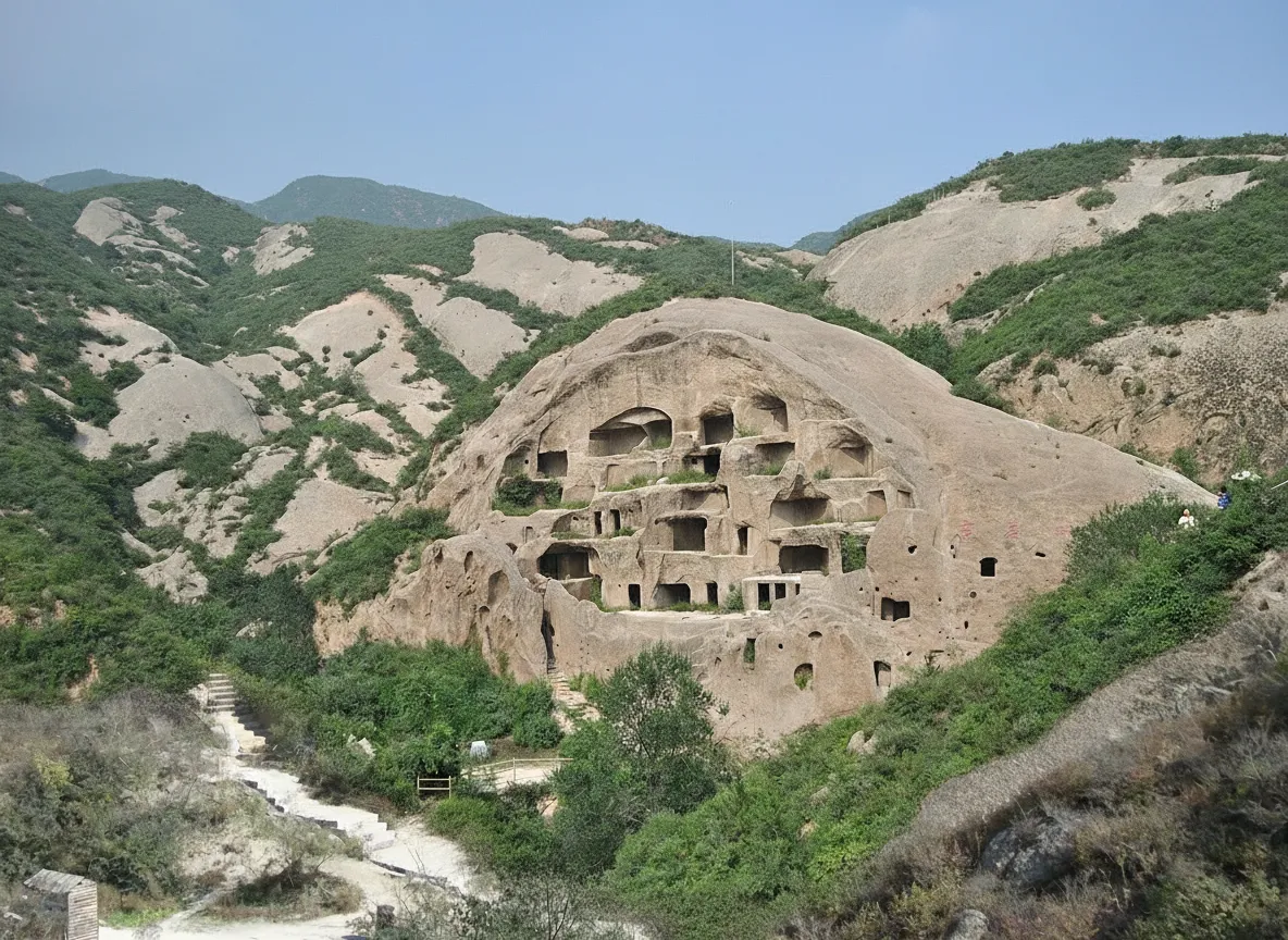 Distant view of the Guyaju cliff dwellings nestled in the mountains of Yanqing District, surrounded by lush green foliage.