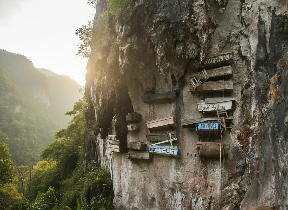 In a remote mountain valley, ancient wooden coffins defy gravity, clinging precariously to sheer limestone cliffs in an enduring burial tradition.