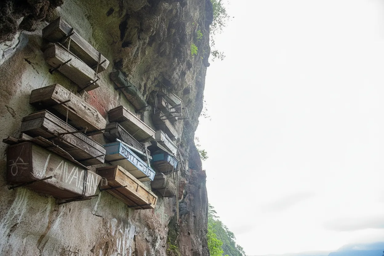 Ancient wooden coffins hanging precariously from a sheer limestone cliff face in Sagada, Philippines, surrounded by lush green foliage.