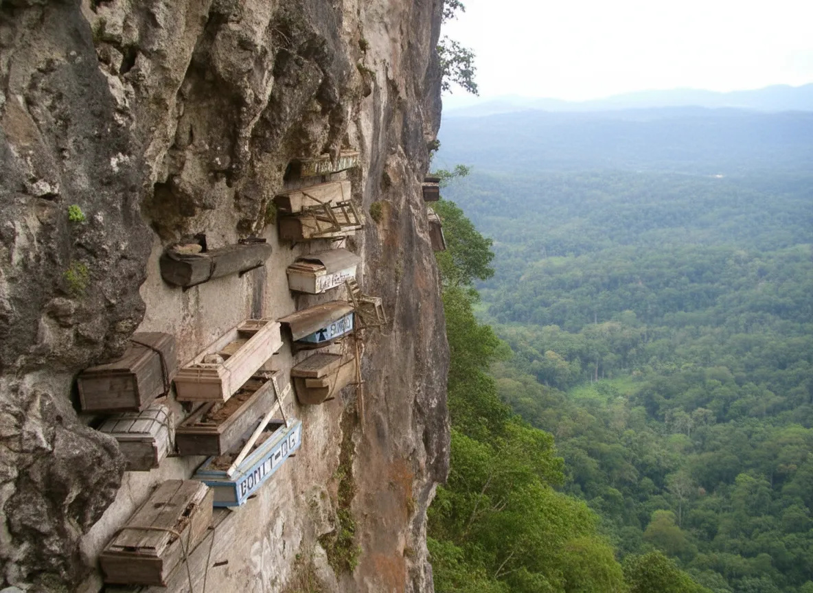 A close-up view of several weathered wooden coffins clinging to a rocky cliff, with a glimpse of lush valley below.