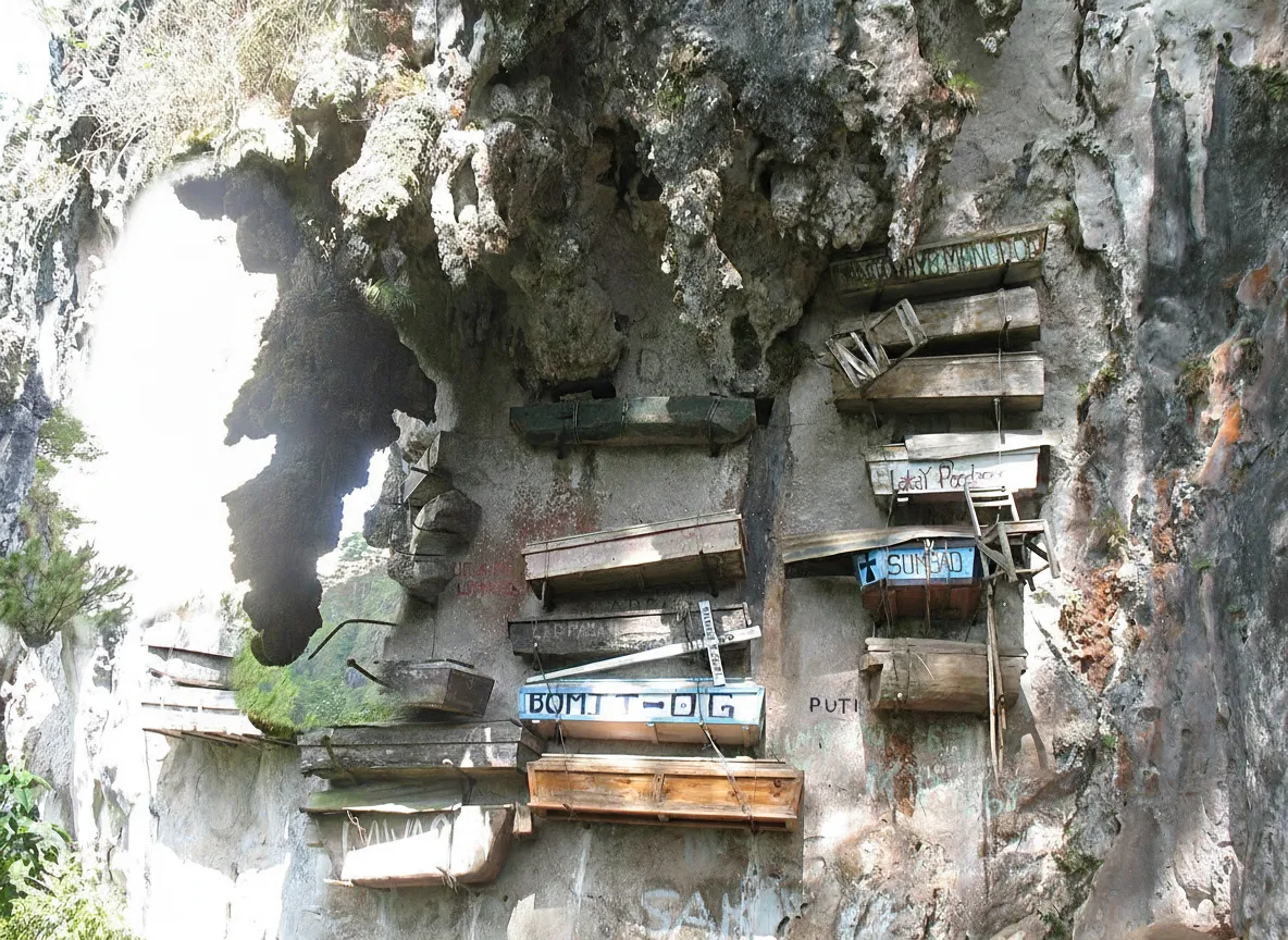 A panoramic view of Echo Valley in Sagada, showing the rugged limestone cliffs and the distant hanging coffins, with a misty mountain backdrop.