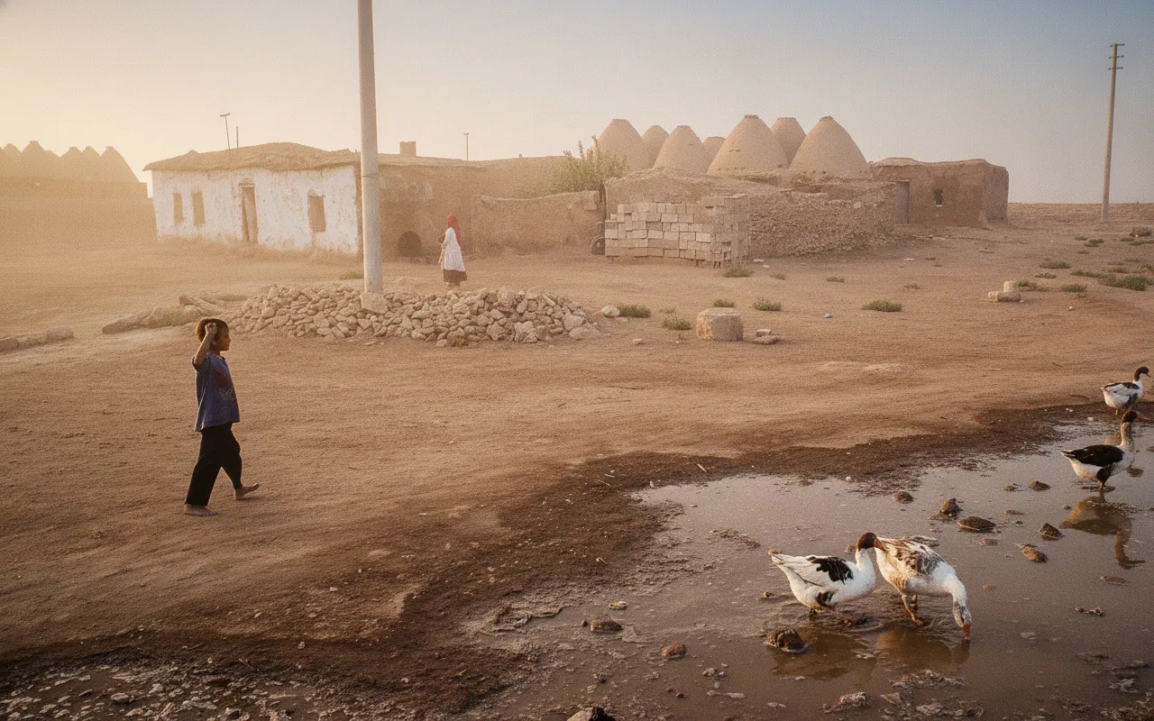 A panoramic view of the golden Harran Beehive Houses under a bright sky in Şanlıurfa, Turkey.