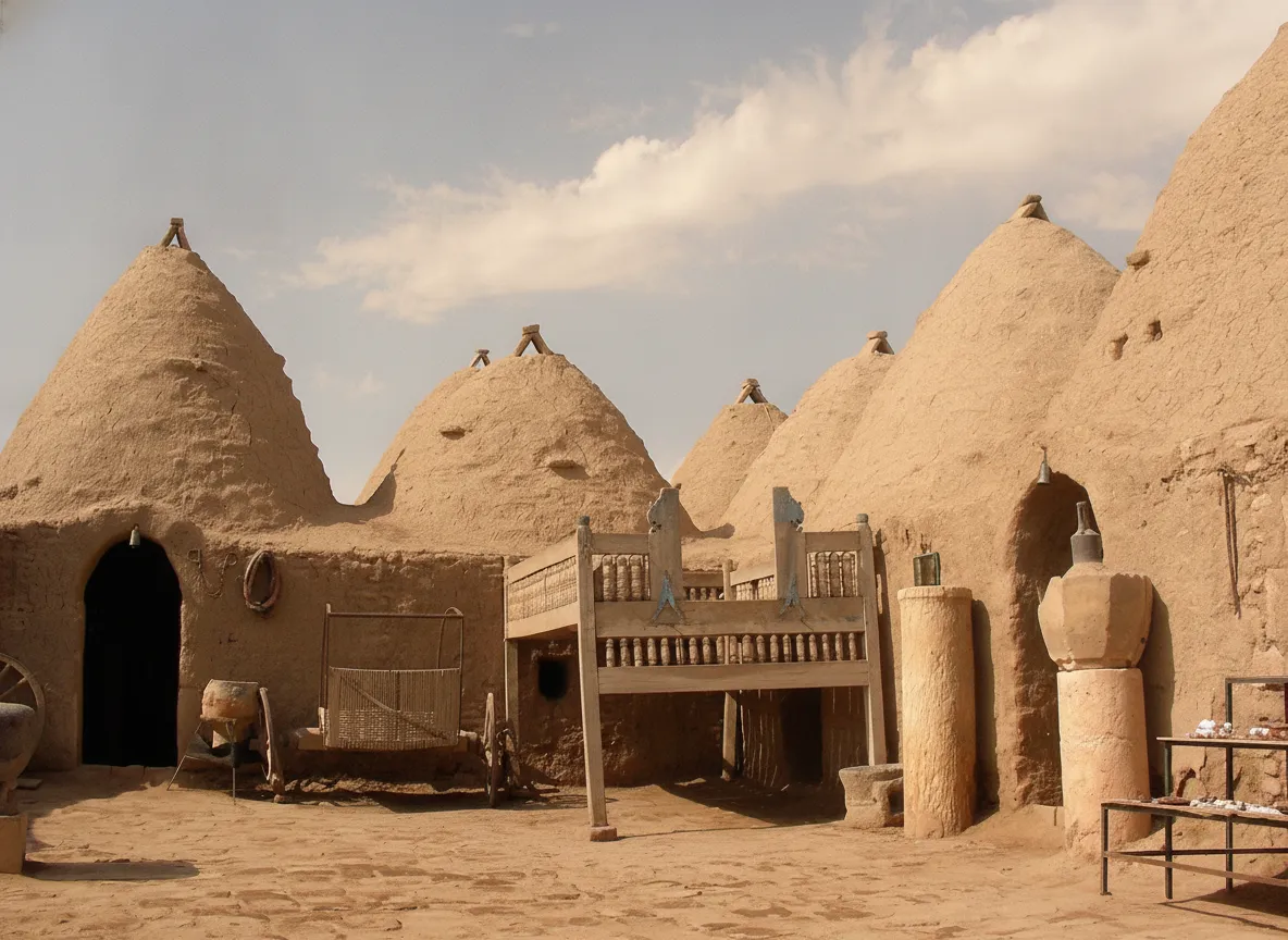 A local woman in traditional clothing walking past the Harran Beehive Houses, carrying goods.