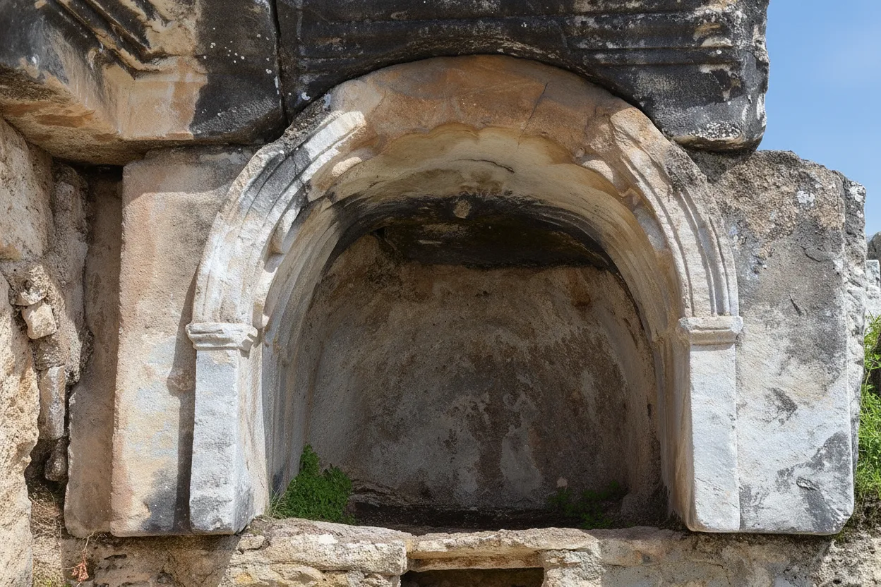 Archaeological remains of Hierapolis Pluto's Gate with steam or gas visible near the entrance