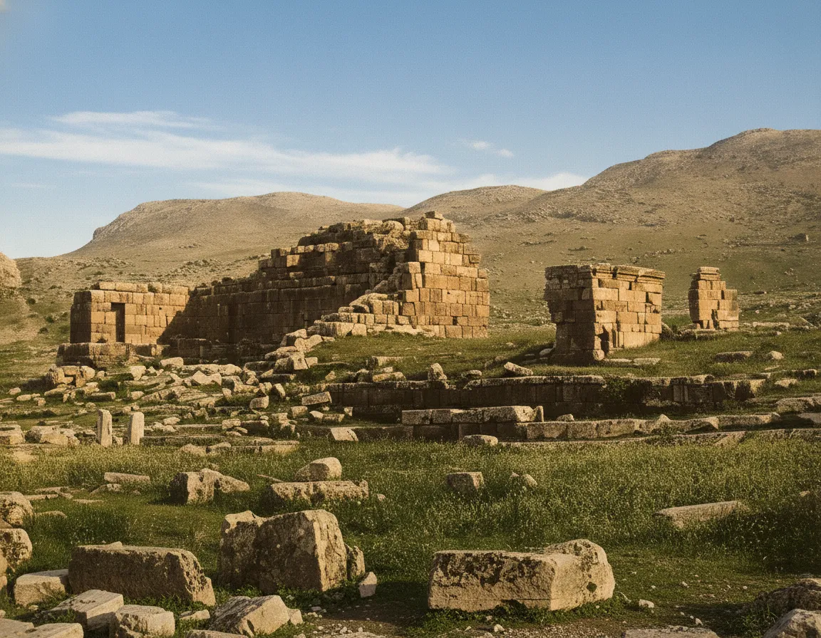 Panoramic view of the Hierapolis archaeological site with Pamukkale travertine terraces in the background