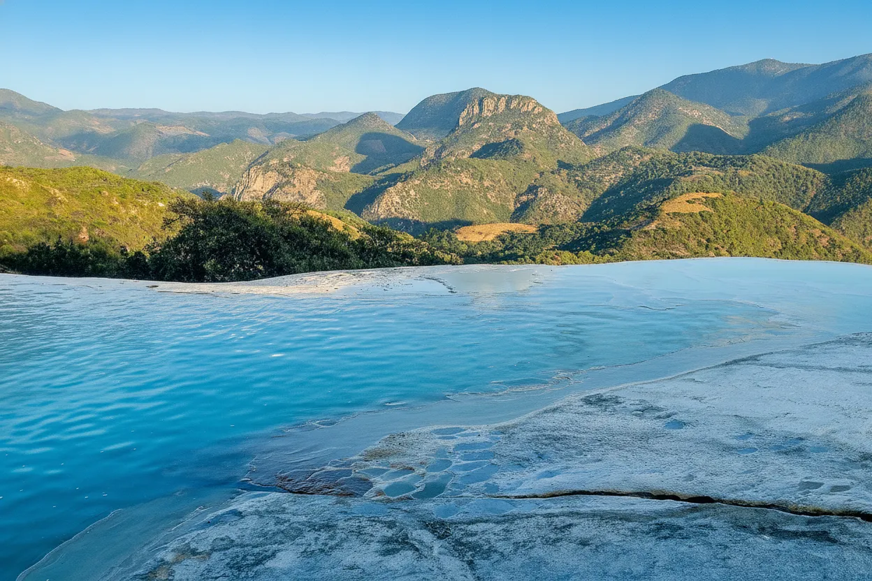 Vibrant turquoise natural pools at Hierve el Agua overlooking a lush green valley in Oaxaca, Mexico.