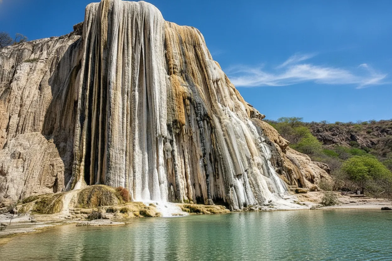 A person swimming in one of the natural pools at Hierve el Agua, with the petrified waterfall visible in the background and a vast valley beyond.