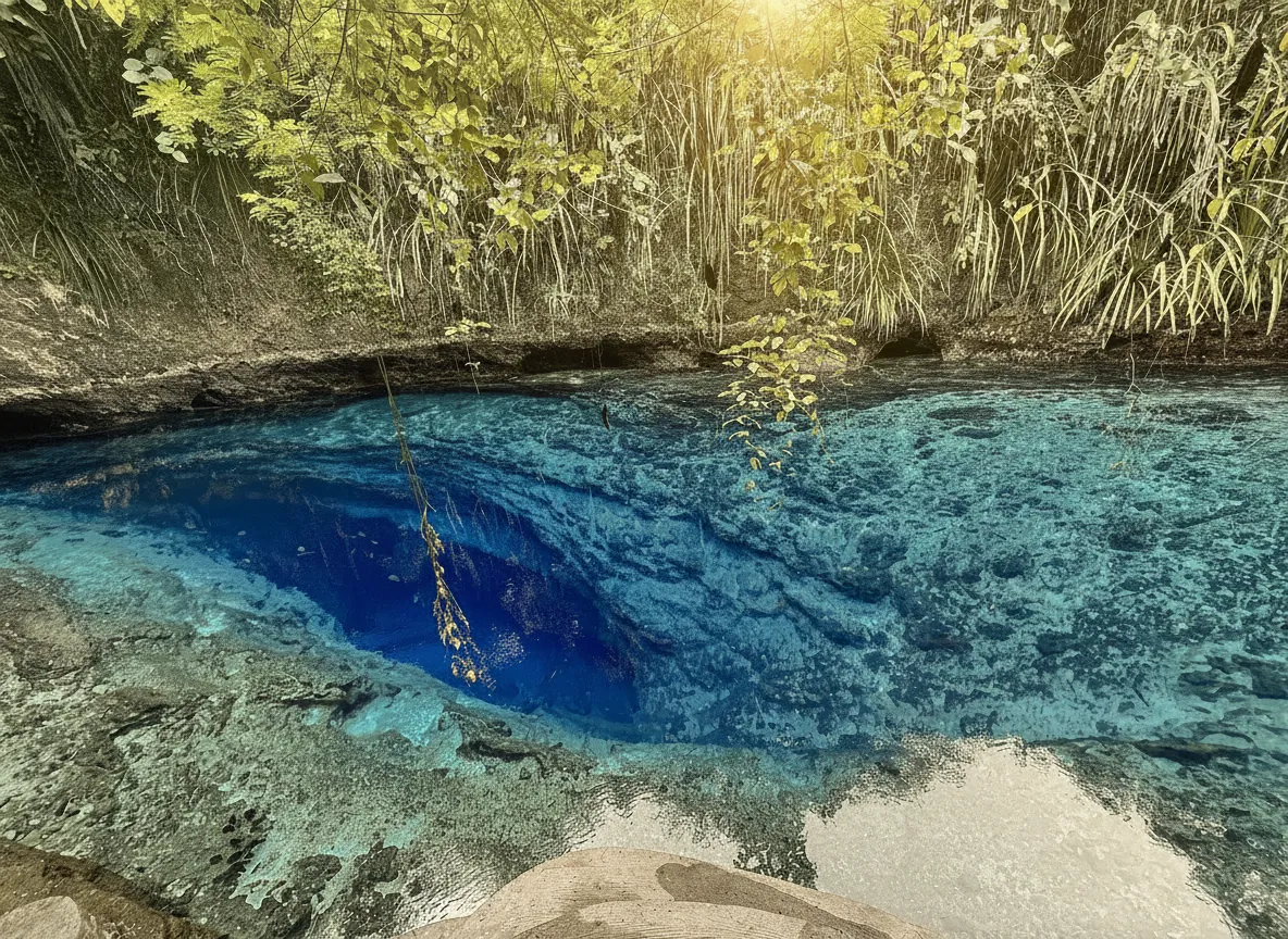 A mystical river of startling blue, seemingly bottomless and with no visible source, where fish mysteriously appear for daily feeding rituals.