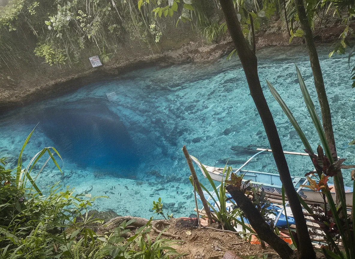 A breathtaking aerial view of the Hinatuan Enchanted River, showcasing its vibrant sapphire-blue waters winding through a lush green rainforest.
