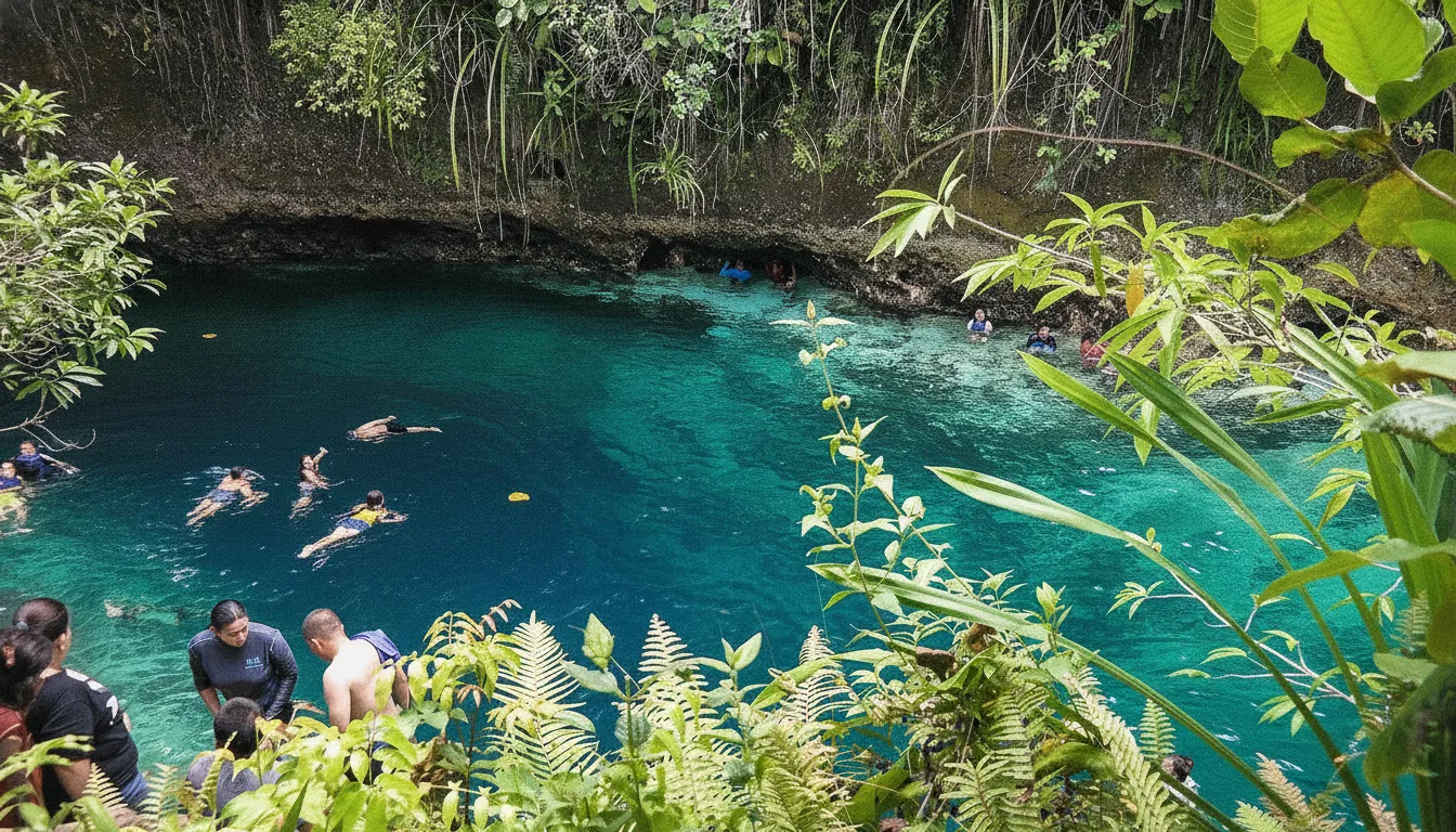 A close-up view of the crystal-clear, blue waters of the Enchanted River, showing fish swimming gracefully near the surface.