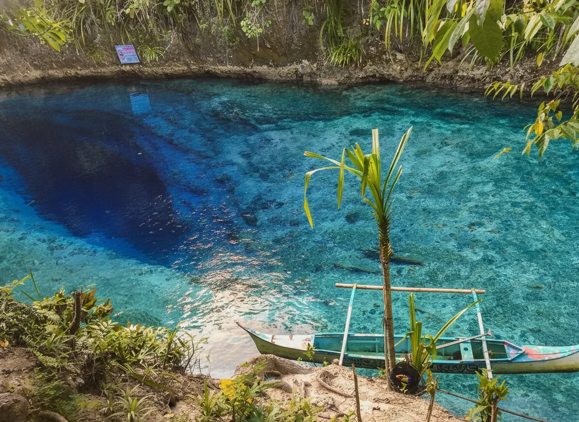 Tourists enjoying a designated swimming area of the Hinatuan Enchanted River, with the lush rainforest in the background.