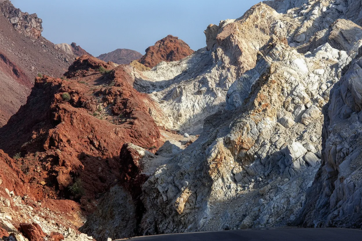 A vibrant, multi-colored landscape in Hormuz's Rainbow Valley, showing streaks of red, yellow, and white earth under a clear blue sky.