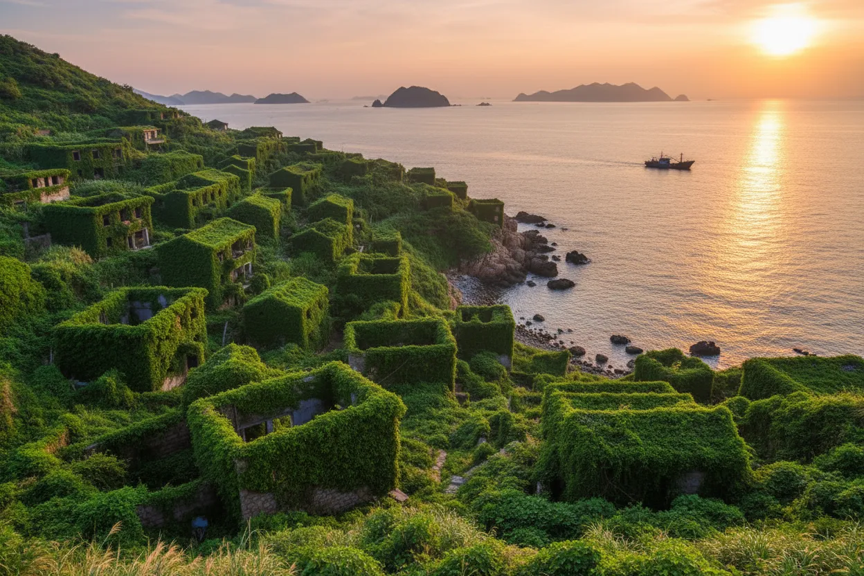 On a remote Chinese island, an entire abandoned fishing village has been swallowed whole by ivy and vines, transforming it into an emerald ghost town straight out of a fairy tale.