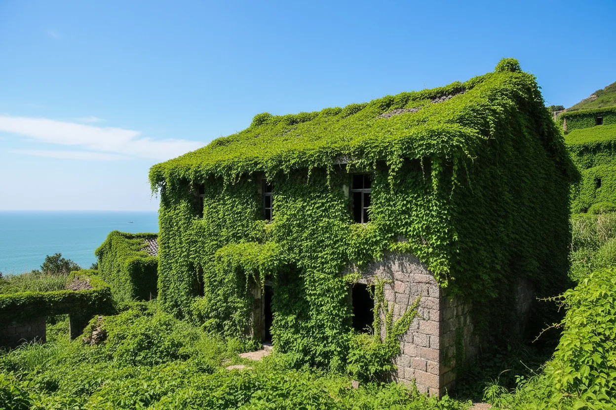 Narrow stone pathway in Houtouwan Village overgrown with lush green vines and foliage, leading uphill between two abandoned structures.