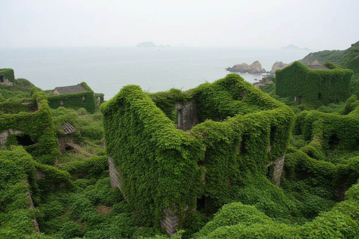 Panoramic view of Houtouwan Village nestled on a hillside, entirely cloaked in green vegetation, with the sea visible in the background.