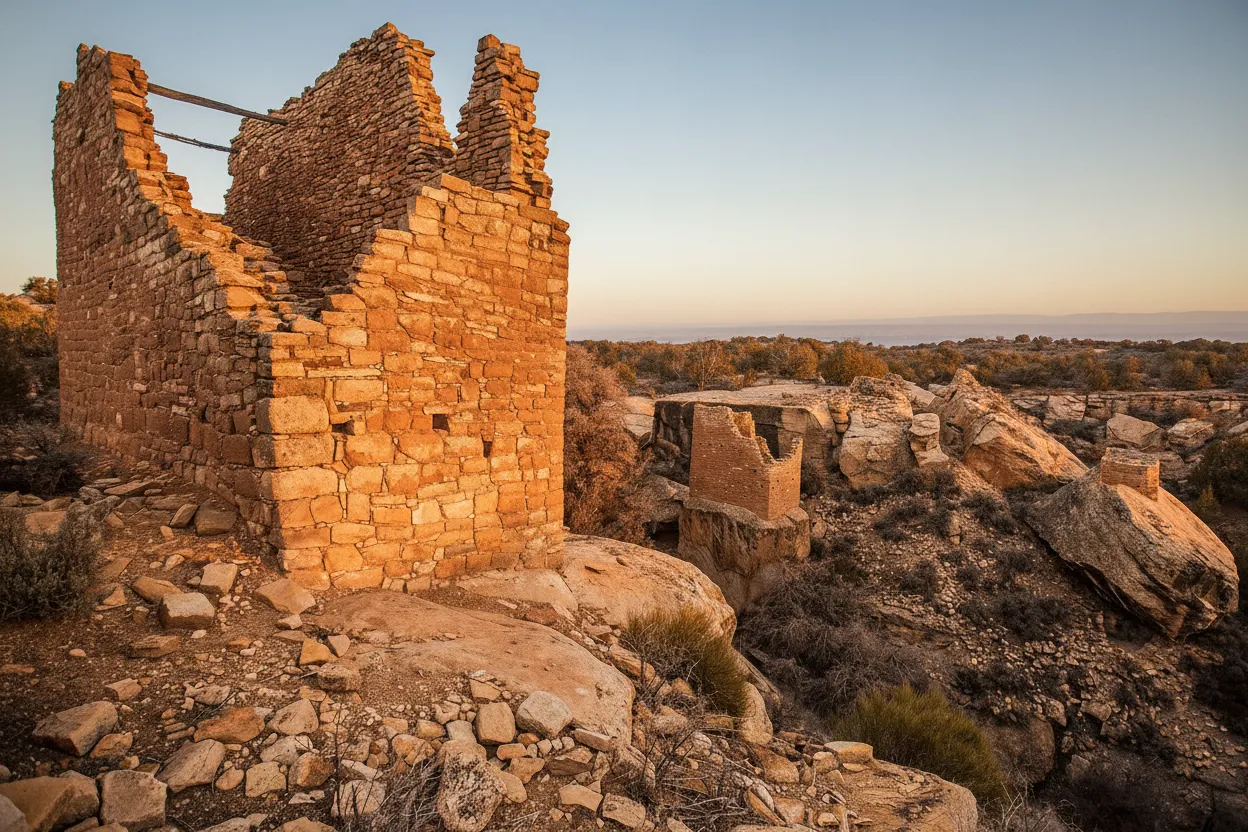 Ancient multi-story stone tower at Hovenweep National Monument, perched on a canyon rim under a clear blue sky.